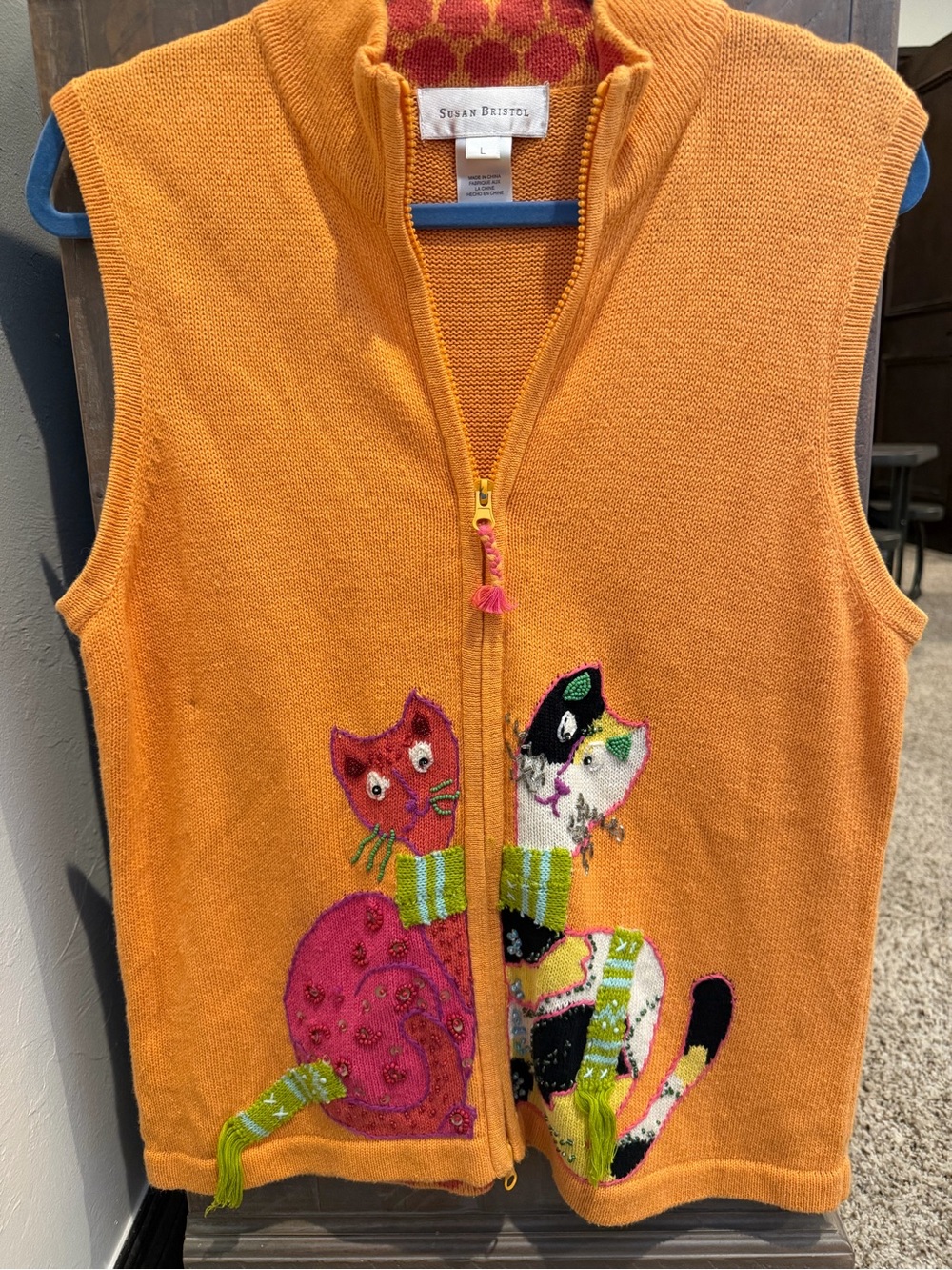 Susan Bristol Orange Knit Zip Vest with Colorful Cat Appliqués